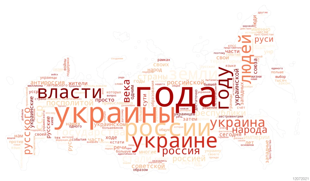 Облако слов в форме карты России с крупными словами «года» и «Украины»