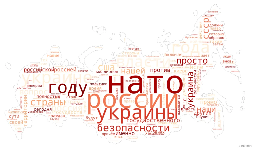 Облако слов в форме карты России с крупными словами «НАТО» и «России»